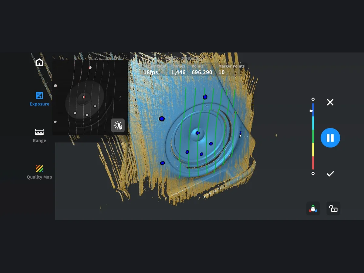 Blue 3D scan of the Rover 25 or MG ZR door-card speaker area used to create the replacement grille